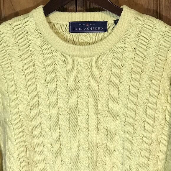 Vintage John Ashford Cable Knit Pullover Sweater Men's Large Yellow Cotton Crew - Picture 1 of 9